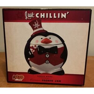 Cracker Barrel Just Chillin' Penguin Ceramic Cookie Jar w/ Box